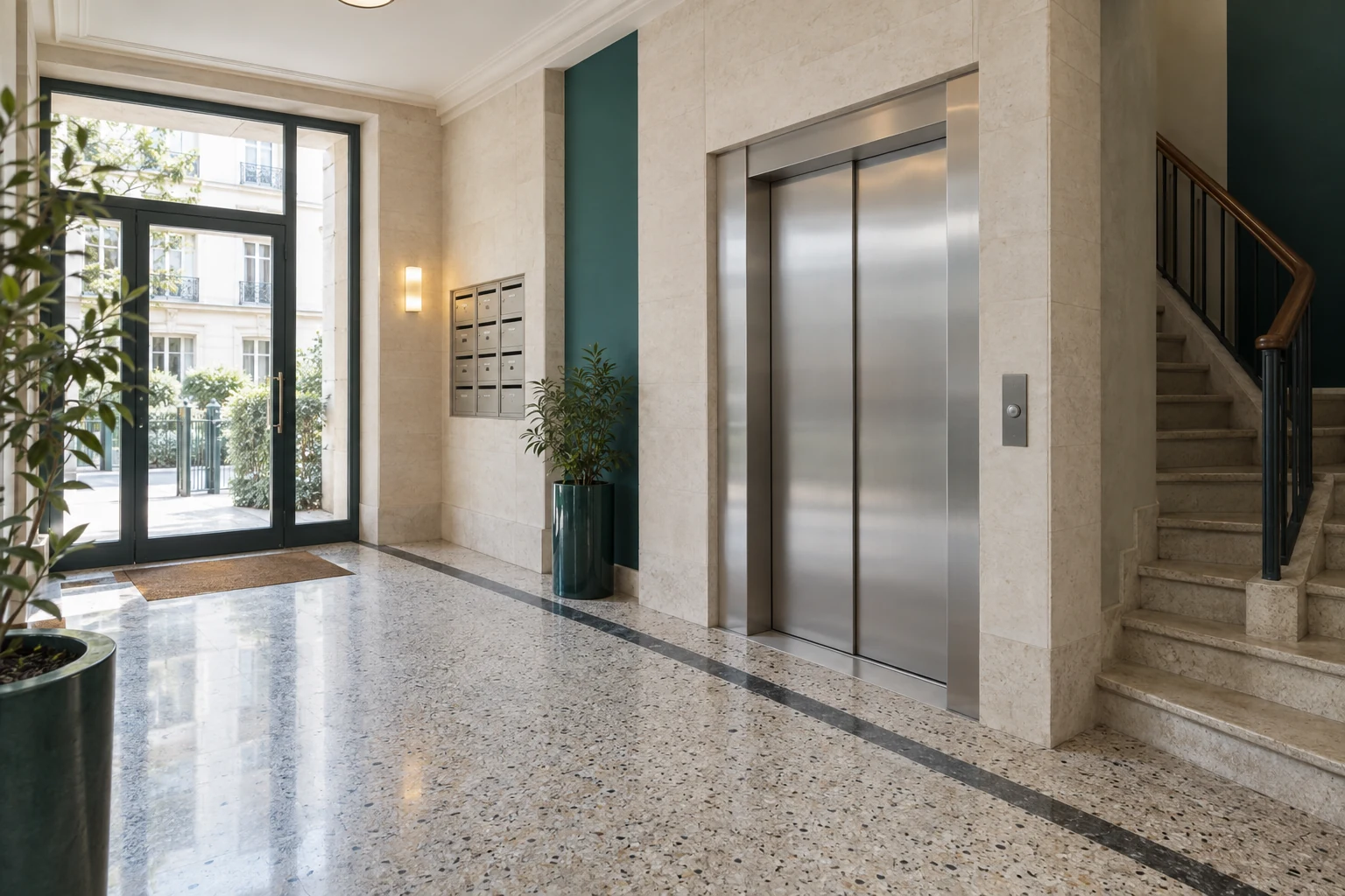 Évocation d’un hall résidentiel et de son ascenseur
